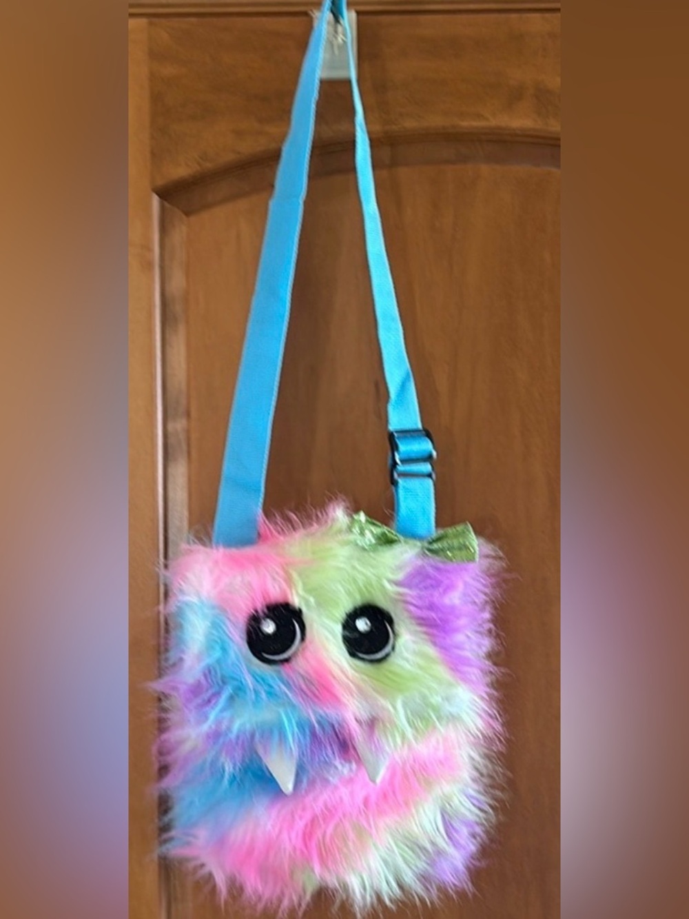 Justice Faux Fur Monster Crossbody Bag Rainbow Fuzzy I Ate Your Homework Purse